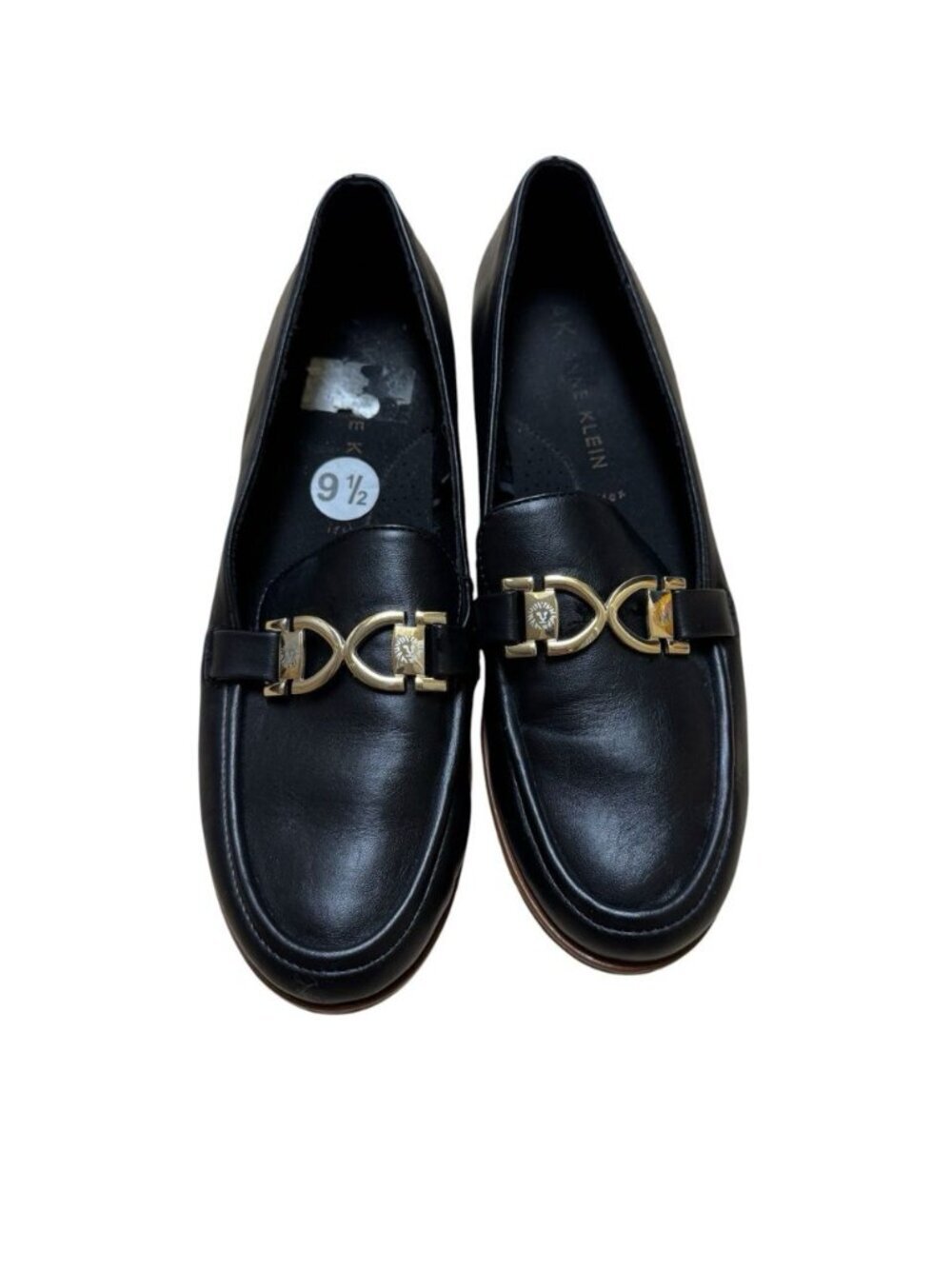 Anne Klein iFlex Black Leather Loafers Gold Hardware Size 9.5
